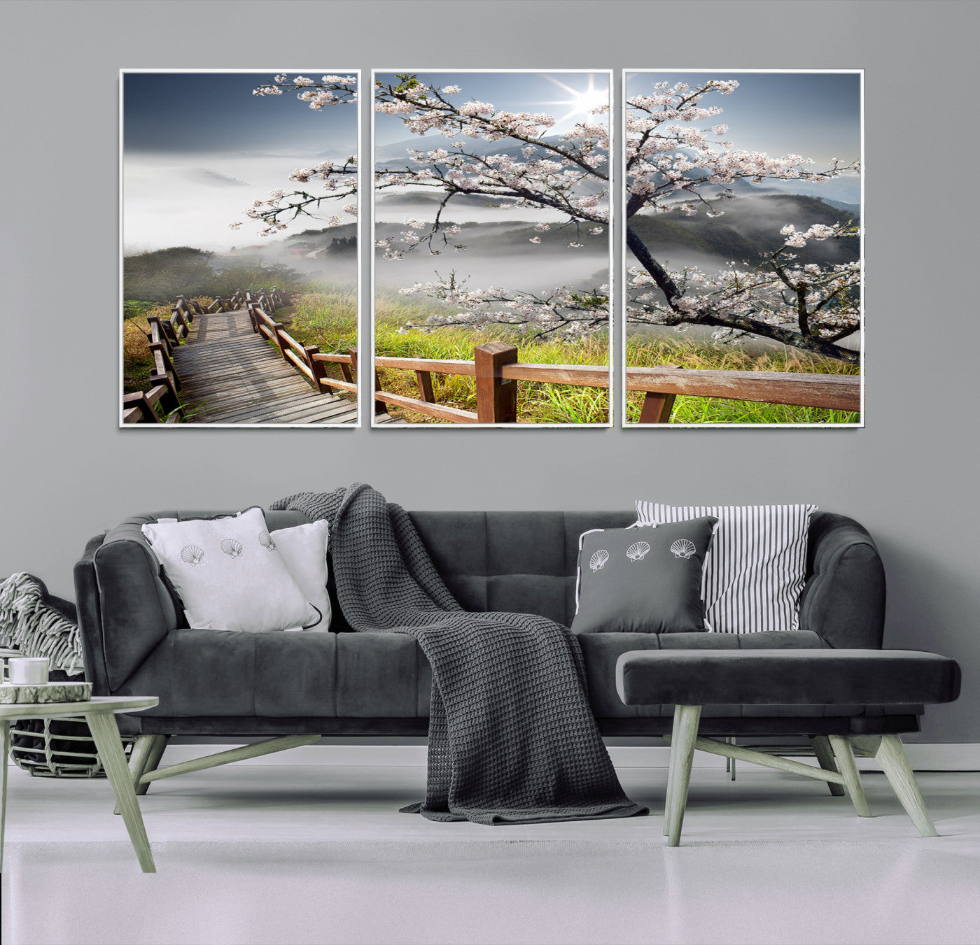 34632598CRY-MGV-CV-36X24-Cherry Blossom Wall Art – Scenic Asian Landscape Canvas Print with Wooden Walkway, Misty Mountains and Sunrise, Serene Nature