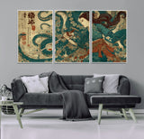 46837670-MGV-FC-60X30-3P_White-Tsukioka Yoshitoshi Samurai Wall Art Print, Japanese Katana Warrior Canvas Wall Art, Octopus Sea Monster Canvas Print,