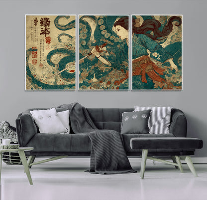 46837670-MGV-FC-60X30-3P_White-Tsukioka Yoshitoshi Samurai Wall Art Print, Japanese Katana Warrior Canvas Wall Art, Octopus Sea Monster Canvas Print,