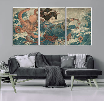52037775-MGV-FC-60X30-3P_White-Samurai Woman Wall Art – Japanese Ukiyo e Style Canvas Print with Katana, Ocean Waves and Octopus, Traditional Asian Inspired