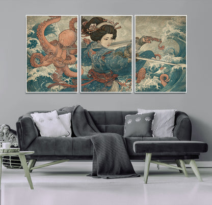 52037775-MGV-FC-60X30-3P_White-Samurai Woman Wall Art – Japanese Ukiyo e Style Canvas Print with Katana, Ocean Waves and Octopus, Traditional Asian Inspired