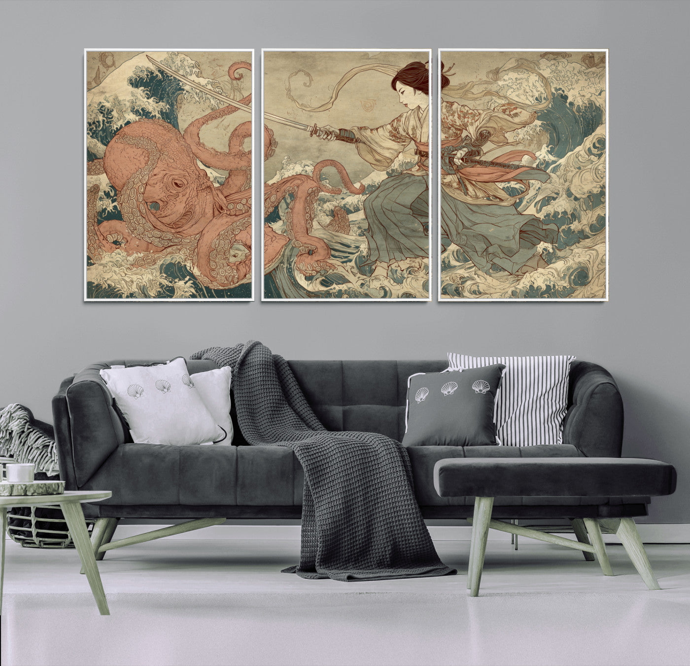 54879547-MGV-FC-60X30-3P_White-Tsukioka Yoshitoshi Samurai Wall Art Print, Japanese Katana Warrior Canvas Wall Art, Octopus Sea Monster Canvas Print,