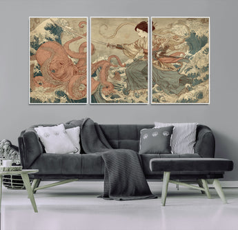 54879547-MGV-FC-60X30-3P_White-Tsukioka Yoshitoshi Samurai Wall Art Print, Japanese Katana Warrior Canvas Wall Art, Octopus Sea Monster Canvas Print,