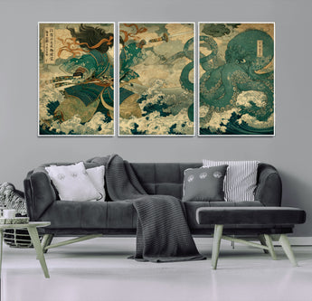 24416422-MGV-FC-60X30-3P_White-Tsukioka Yoshitoshi Samurai Wall Art Print, Japanese Katana Warrior Canvas Wall Art, Octopus Sea Monster Canvas Print,