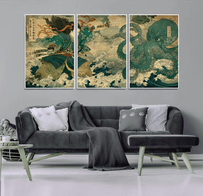 24416422-MGV-FC-60X30-3P_White-Tsukioka Yoshitoshi Samurai Wall Art Print, Japanese Katana Warrior Canvas Wall Art, Octopus Sea Monster Canvas Print,