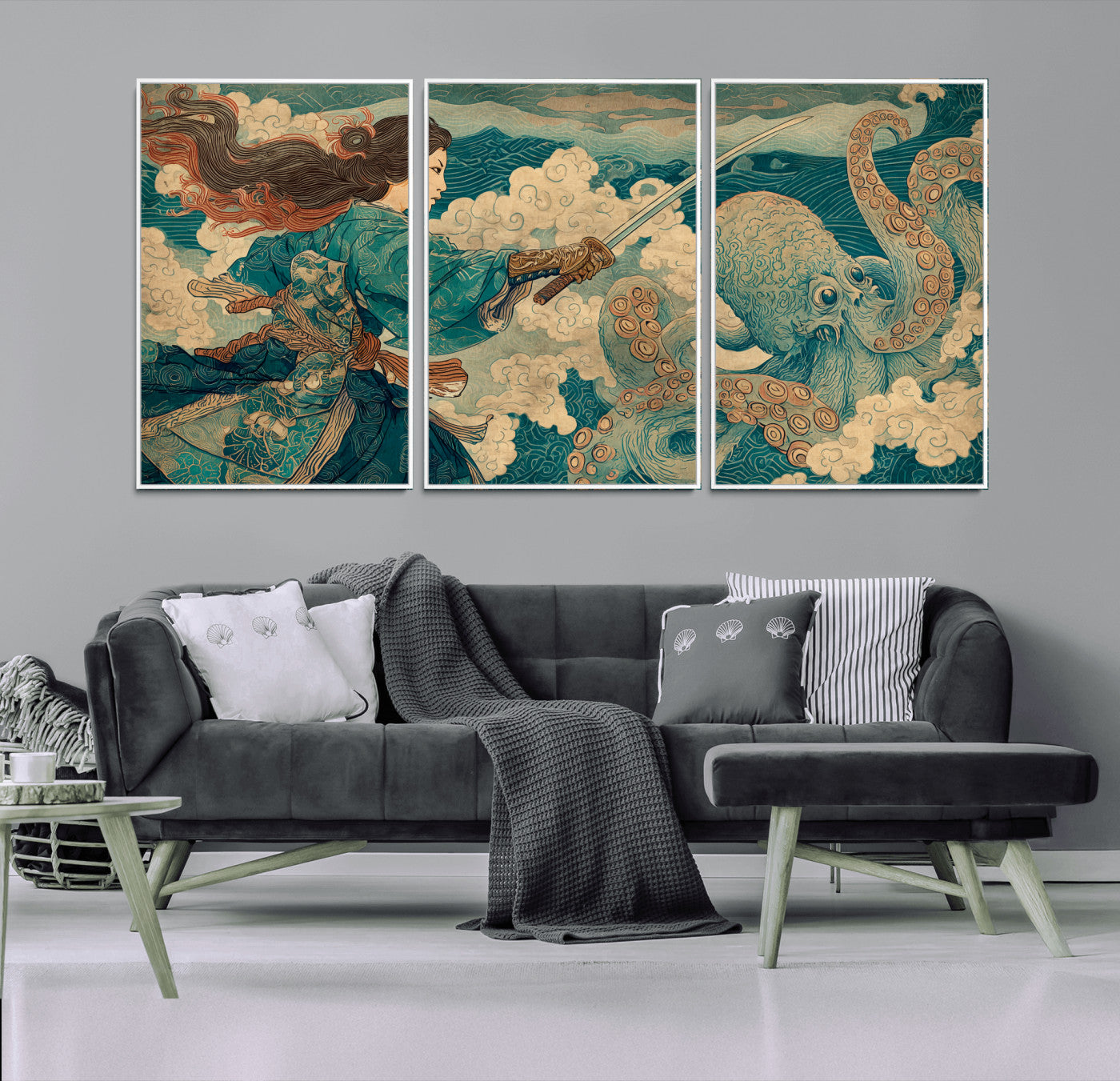 37943964-MGV-FC-60X30-3P_White-Tsukioka Yoshitoshi Samurai Wall Art Print, Japanese Katana Warrior Canvas Wall Art, Octopus Sea Monster Canvas Print,