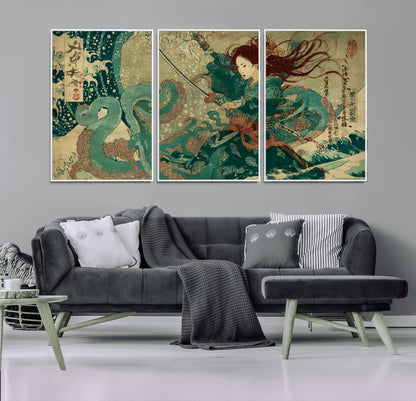 86918027-MGV-CV-36X24-Samurai Warrior vs Octopus Wall Art – Japanese Ukiyo-e Ocean Battle Canvas Print, Traditional Samurai Artwork for Living Room,