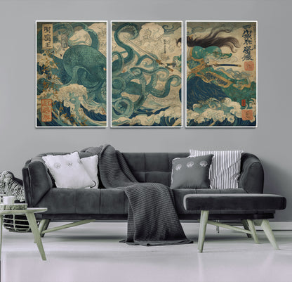 60346622-MGV-CV-36X24-Samurai Warrior vs Octopus Wall Art – Japanese Ukiyo-e Style Ocean Battle Canvas Print, Traditional Samurai Artwork for Living