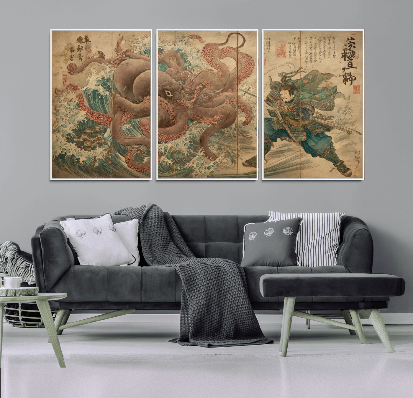 63782167-MGV-FC-60X30-3P_White-Tsukioka Yoshitoshi Samurai Wall Art Print, Japanese Katana Warrior Canvas Wall Art, Octopus Sea Monster Canvas Print,