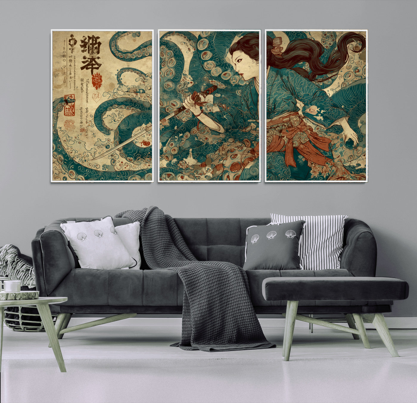 18575670-MGV-FC-60X30-3P_White-Tsukioka Yoshitoshi Samurai Wall Art Print, Japanese Katana Warrior Canvas Wall Art, Octopus Sea Monster Canvas Print,