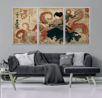 50812504-MGV-CV-36X24-Samurai Woman vs Octopus Wall Art – Japanese Ukiyo-e Red Tentacle Canvas Print, Ocean Battle Artwork for Living Room, Office, Man