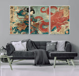 68844327-MGV-FC-60X30-3P_White-Tsukioka Yoshitoshi Samurai Wall Art Print, Japanese Katana Warrior Canvas Wall Art, Octopus Sea Monster Canvas Print,