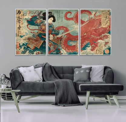68844327-MGV-FC-60X30-3P_White-Tsukioka Yoshitoshi Samurai Wall Art Print, Japanese Katana Warrior Canvas Wall Art, Octopus Sea Monster Canvas Print,