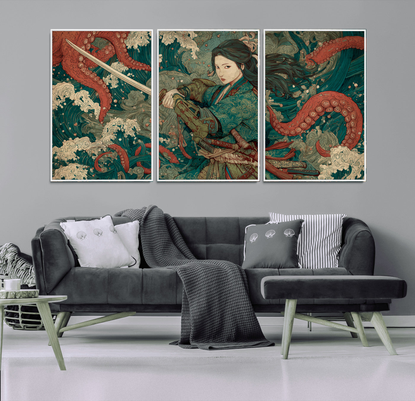 35461724-MGV-FC-60X30-3P_White-Samurai Woman vs Octopus Wall Art – Japanese Ukiyo-e Ocean Waves Canvas Print, Red Tentacle Battle Artwork for Living Room,