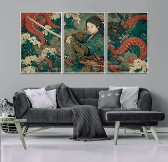 35461724-MGV-FC-60X30-3P_White-Samurai Woman vs Octopus Wall Art – Japanese Ukiyo-e Ocean Waves Canvas Print, Red Tentacle Battle Artwork for Living Room,