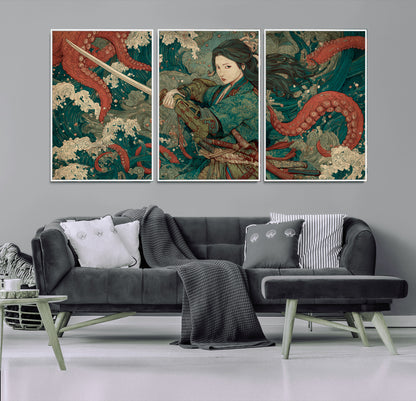 35461724-MGV-FC-60X30-3P_White-Samurai Woman vs Octopus Wall Art – Japanese Ukiyo-e Ocean Waves Canvas Print, Red Tentacle Battle Artwork for Living Room,