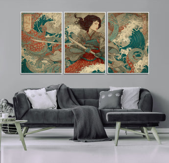 63377977-MGV-FC-60X30-3P_White-Tsukioka Yoshitoshi Samurai Wall Art Print, Japanese Katana Warrior Canvas Wall Art, Octopus Sea Monster Canvas Print,