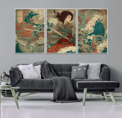 37797255-MGV-CV-36X24-Samurai Woman vs Octopus Wall Art – Japanese Ukiyo-e Red Armor Ocean Battle Canvas Print, Warrior Artwork for Living Room, Office,