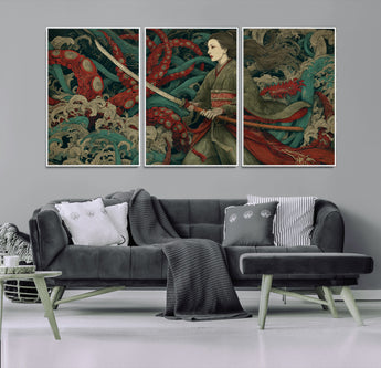 18902796-MGV-CV-36X24-Samurai Woman vs Octopus Wall Art – Japanese Ukiyo-e Green Kimono Canvas Print, Ocean Battle Scene Artwork for Living Room,