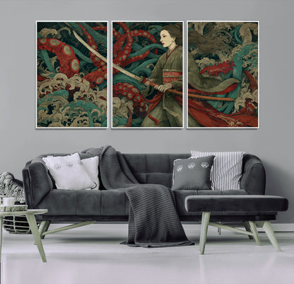 18902796-MGV-CV-36X24-Samurai Woman vs Octopus Wall Art – Japanese Ukiyo-e Green Kimono Canvas Print, Ocean Battle Scene Artwork for Living Room,