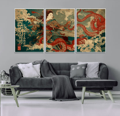 60201267-MGV-CV-36X24-Samurai Woman vs Octopus Wall Art – Japanese Ukiyo-e Armor Canvas Print, Red Tentacle Ocean Battle Artwork for Living Room,
