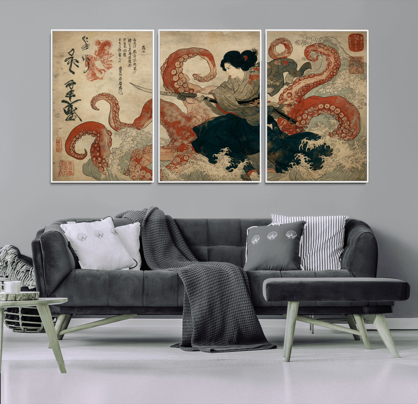 82737246-MGV-CV-36X24-Samurai Woman vs Octopus Wall Art – Japanese Ukiyo-e Dual Sword Canvas Print, Red Tentacle Ocean Battle Artwork for Living Room,