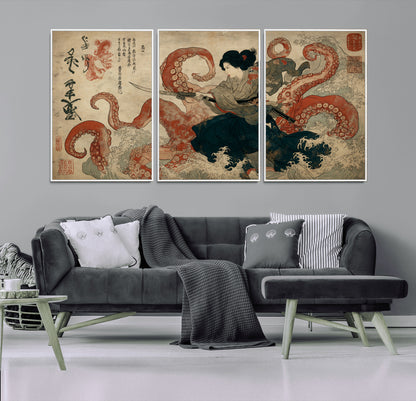 82737246-MGV-CV-36X24-Samurai Woman vs Octopus Wall Art – Japanese Ukiyo-e Dual Sword Canvas Print, Red Tentacle Ocean Battle Artwork for Living Room,