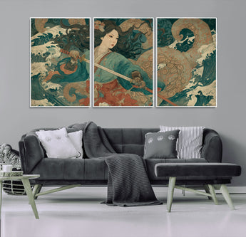 79740258-MGV-CV-36X24-Samurai Woman vs Octopus Wall Art – Japanese Ukiyo-e Blue Kimono Canvas Print, Ocean Battle Artwork for Living Room, Office, Man