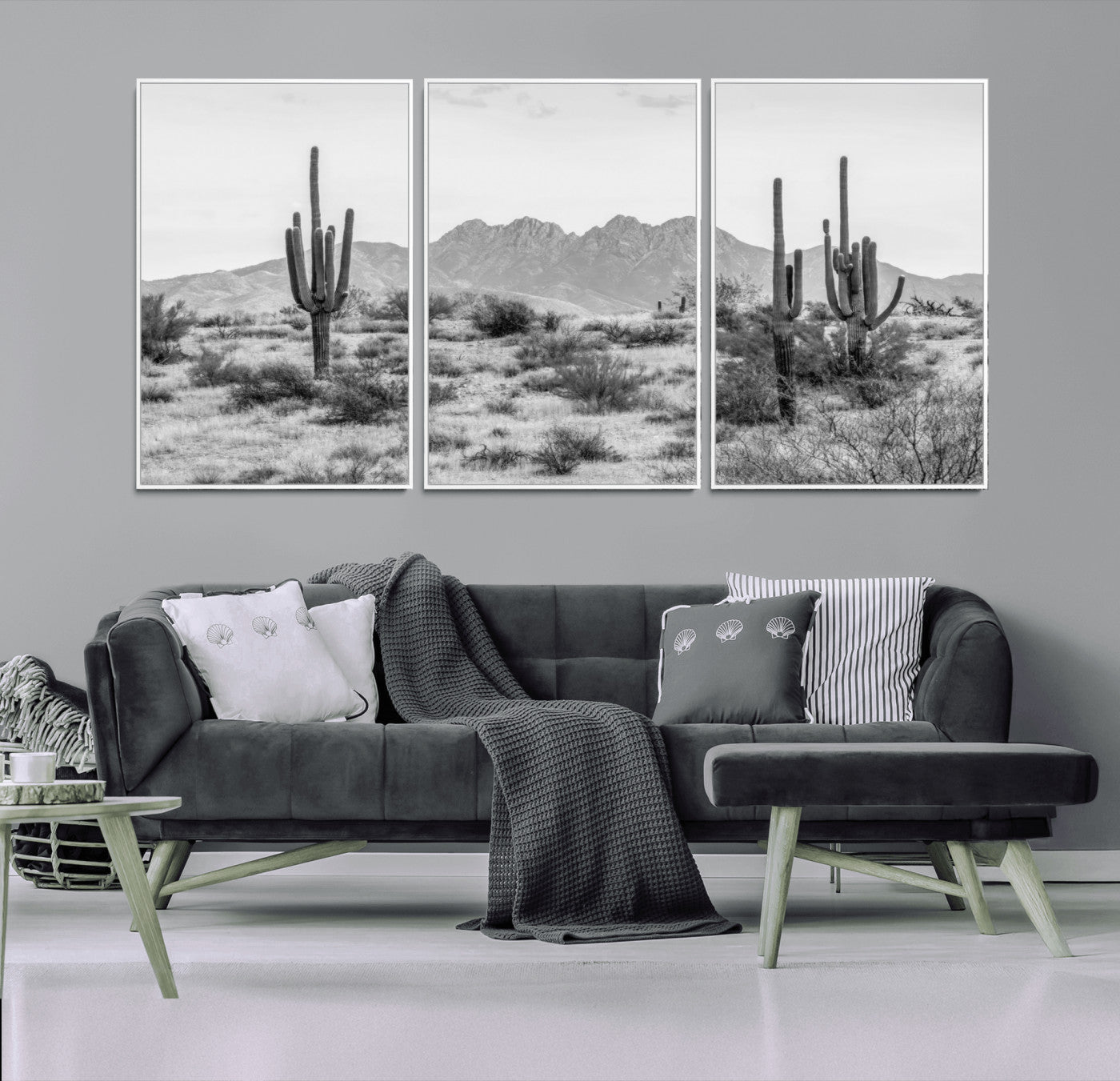 97436PHN-MGV-CV-36X24-Desert Landscape Wall Art – Black and White Cactus and Mountain Canvas Print, Southwestern Nature Photography for Living Room,
