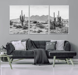 97436PHN-MGV-CV-36X24-Desert Landscape Wall Art – Black and White Cactus and Mountain Canvas Print, Southwestern Nature Photography for Living Room,