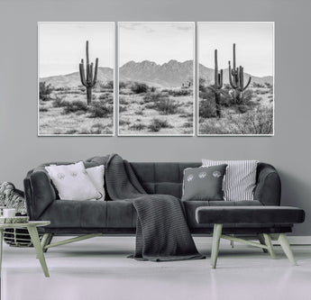 97436PHN-MGV-CV-36X24-Desert Landscape Wall Art – Black and White Cactus and Mountain Canvas Print, Southwestern Nature Photography for Living Room,