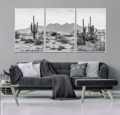 97436PHN-MGV-CV-36X24-Desert Landscape Wall Art – Black and White Cactus and Mountain Canvas Print, Southwestern Nature Photography for Living Room,