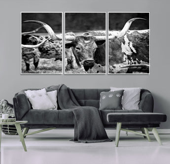 15425553-MGV-FC-60X30-3P_White-Western Wall Art – Longhorn Cattle Black and White Canvas Print, Rustic Ranch Photography Decor for Bedroom, Living Room, Office,