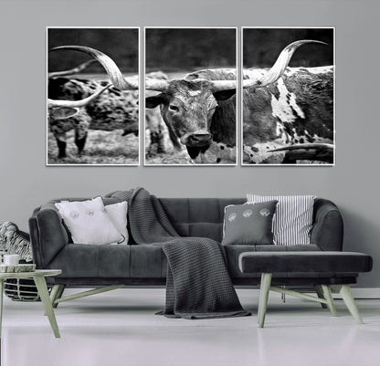15425553-MGV-FC-60X30-3P_White-Western Wall Art – Longhorn Cattle Black and White Canvas Print, Rustic Ranch Photography Decor for Bedroom, Living Room, Office,