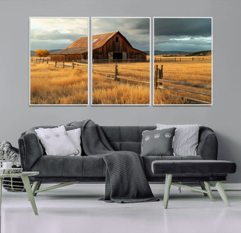 16480179-MGV-CV-36X24-Farmhouse Wall Art – Rustic Barn and Golden Field Canvas Print, Country Landscape Photography Decor for Bedroom, Living Room,