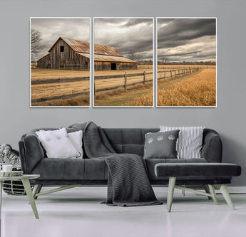 21991117-MGV-CV-36X24-Rustic Barn Wall Art – Weathered Farmhouse Canvas Print, Stormy Sky and Golden Field Photography Decor for Bedroom, Living Room,