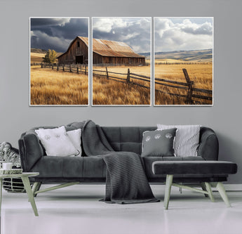 23718739-MGV-CV-36X24-Farmhouse Wall Art – Rustic Barn and Golden Wheat Field Canvas Print, Country Landscape Photography Decor for Bedroom, Living