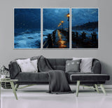 48300530-MGV-CV-36X24-Night Pier Wall Art – Moody Ocean Boardwalk Canvas Print, Impressionist Coastal Seascape Painting Decor for Living Room, Office,