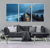 93793246-MGV-CV-36X24-Stormy Night Pier Canvas Wall Art – Moody Ocean Landscape with Lights, Blue Coastal Seascape Print for Bedroom, Living Room,