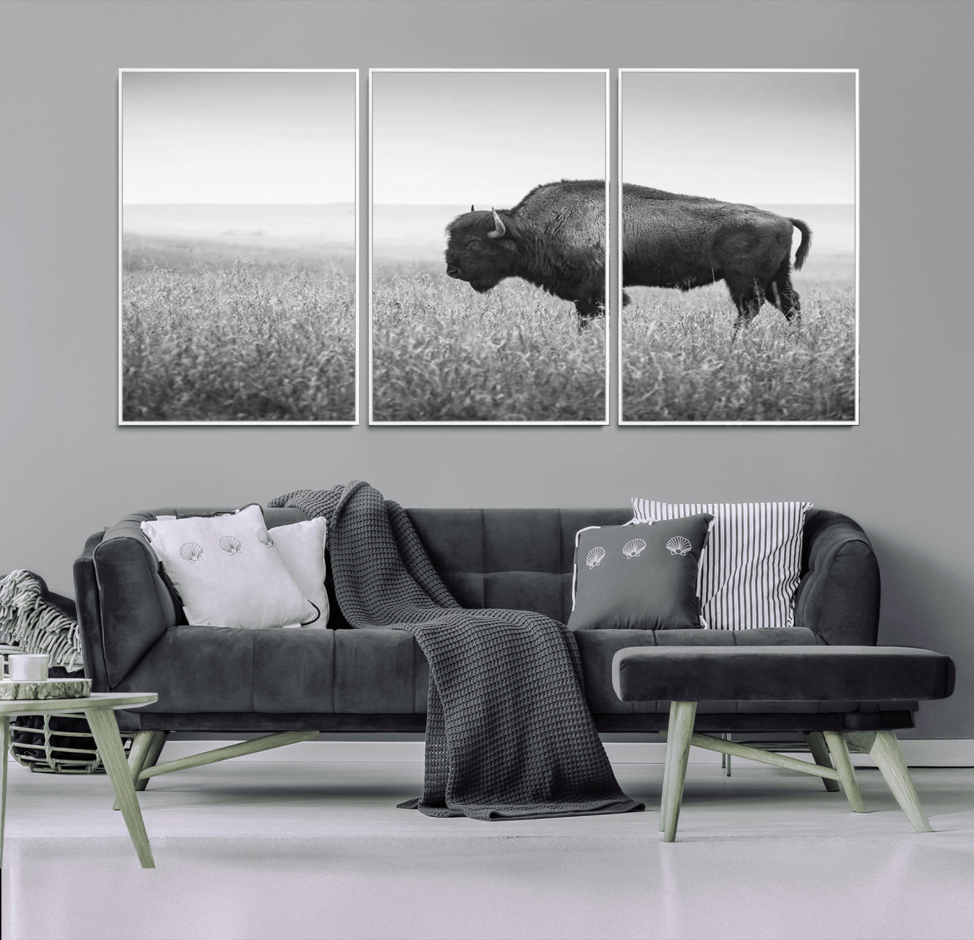 90861202-MGV-FC-60X30-3P_White-Black and White Bison Canvas Wall Art – Rustic American Buffalo Print, Western Wildlife Photography for Farmhouse, Cabin, Office