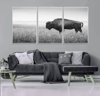 90861202-MGV-FC-60X30-3P_White-Black and White Bison Canvas Wall Art – Rustic American Buffalo Print, Western Wildlife Photography for Farmhouse, Cabin, Office