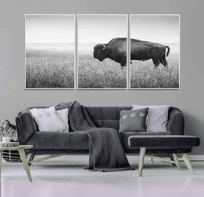 90861202-MGV-FC-60X30-3P_White-Black and White Bison Canvas Wall Art – Rustic American Buffalo Print, Western Wildlife Photography for Farmhouse, Cabin, Office