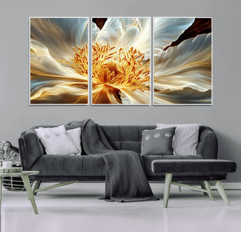 20862576-MGV-CV-36X24-Golden Abstract Flower Canvas Wall Art – Modern Botanical Bloom Print, Elegant Floral Artwork for Living Room, Bedroom, Office