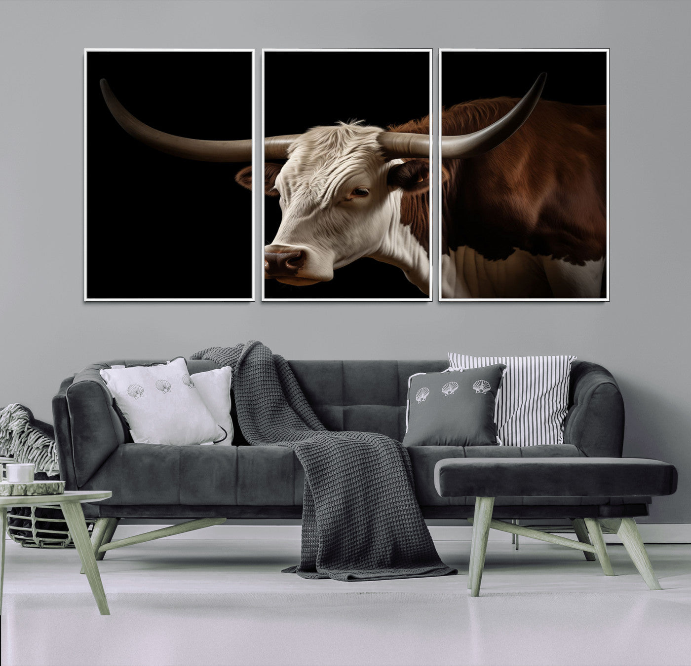 27414857-MGV-FC-60X30-3P_White-Longhorn Bull Wall Art – Dramatic Western Steer Portrait Canvas Print, Rustic Farmhouse Animal Decor for Living Room, Office, or