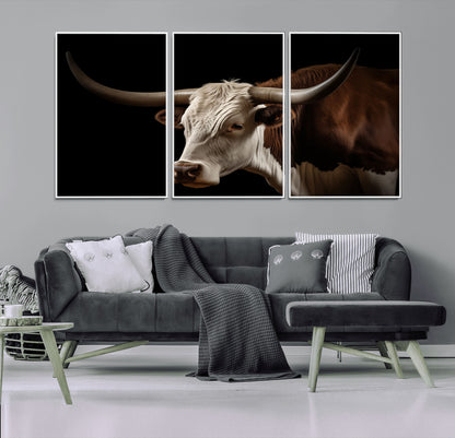 27414857-MGV-FC-60X30-3P_White-Longhorn Bull Wall Art – Dramatic Western Steer Portrait Canvas Print, Rustic Farmhouse Animal Decor for Living Room, Office, or