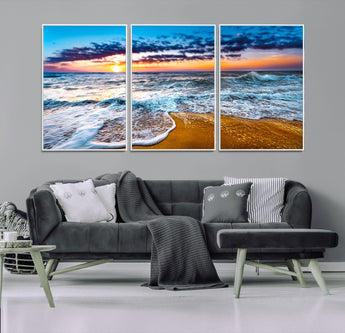 24077769-MGV-FC-60X30-3P_White-Sunset Beach Wall Art – Ocean Waves Canvas Print, Golden Shoreline Photography Coastal Decor for Living Room, Bedroom, Office,