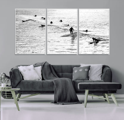 68018616-MGV-CV-36X24-Black and White Surf Photography Print – Minimalist Ocean Wall Art, Surfers Riding Waves, Coastal Beach Decor for Modern Home or