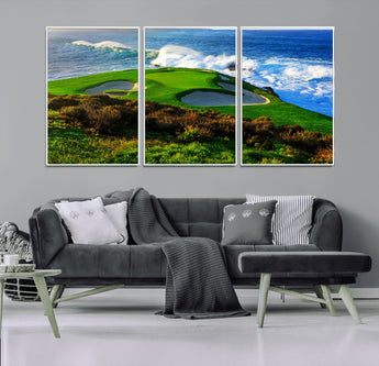 34181847-MGV-FC-60X30-3P_White-Coastal Golf Course Wall Art – Panoramic Ocean Fairway Canvas Print, Scenic Sports Photography Decor for Office, Man Cave, Living
