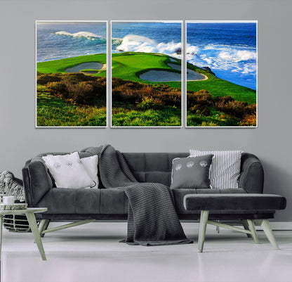 34181847-MGV-FC-60X30-3P_White-Coastal Golf Course Wall Art – Panoramic Ocean Fairway Canvas Print, Scenic Sports Photography Decor for Office, Man Cave, Living