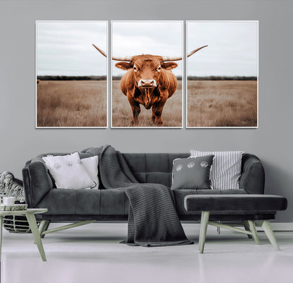 16316734-MGV-CV-36X24-Texas Longhorn Wall Art – Rustic Bull Portrait Canvas Print, Western Farmhouse Animal Photography Decor for Living Room, Office,